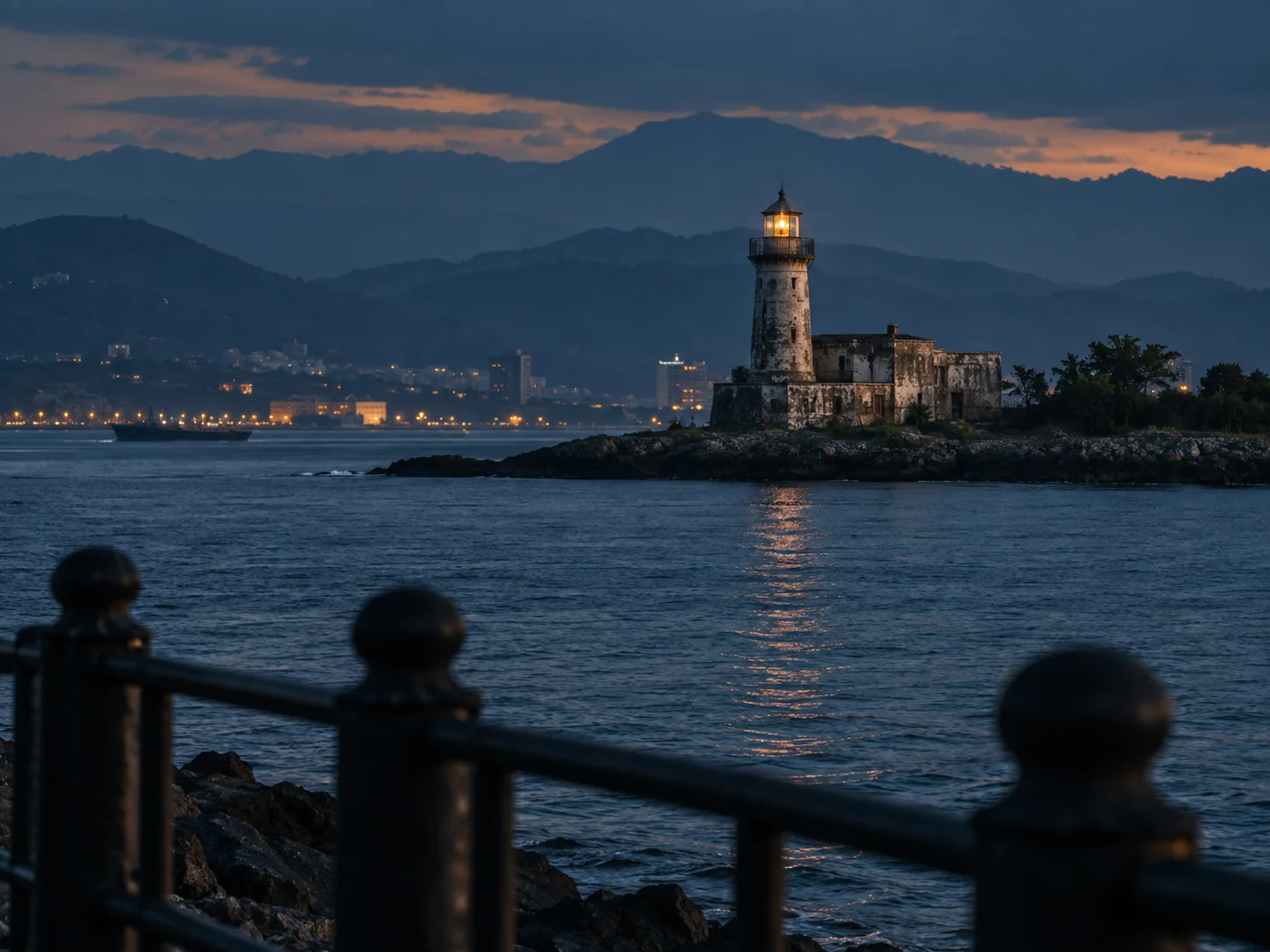 AI-created editorial illustration of a distant lighthouse across a bay