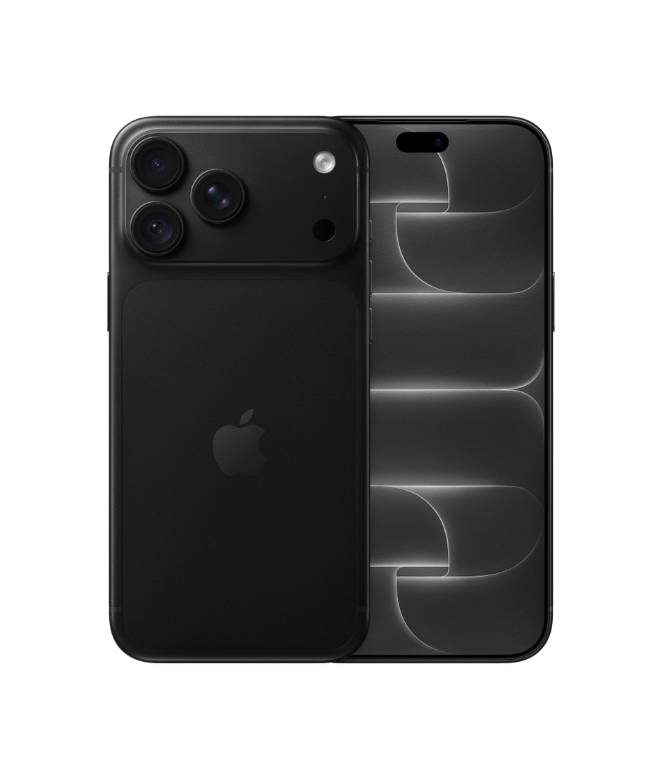 Apple product render of Black iPhone 18 Pro Max, front and rear