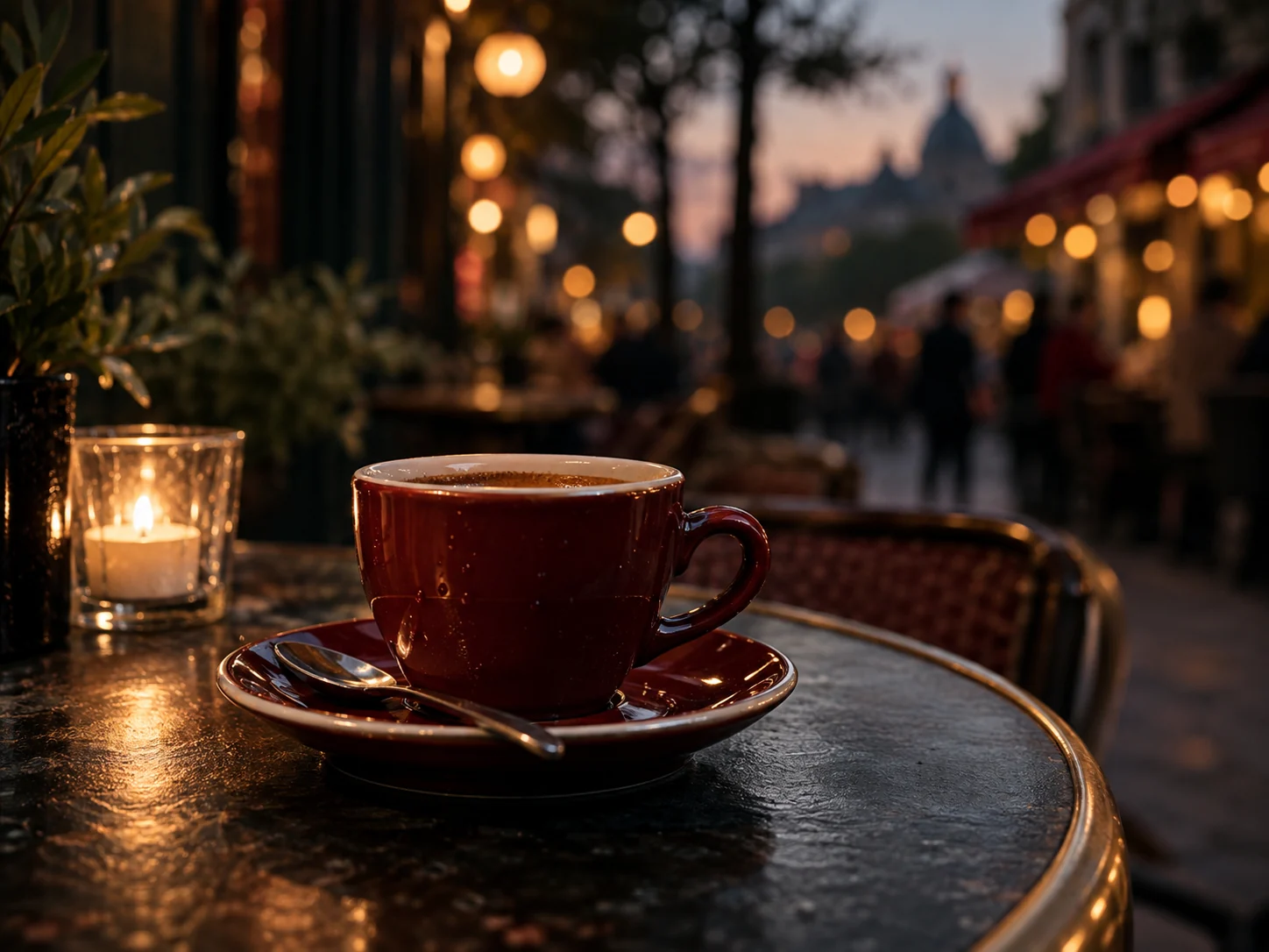 AI-created editorial illustration of a burgundy cup against softly blurred lights