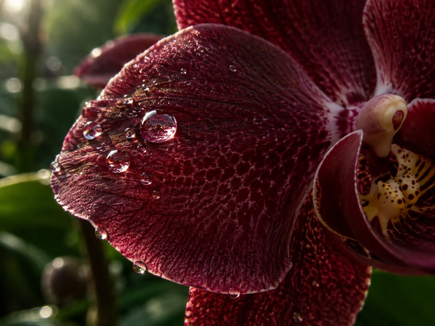 AI-created editorial illustration of water droplets on a burgundy orchid petal