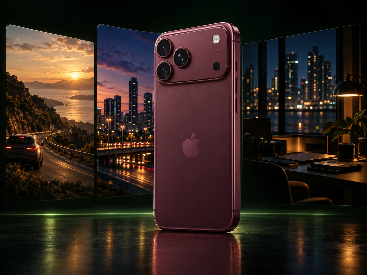 AI-assisted illustration of Burgundy iPhone 18 Pro Max for Up to 43 hours of video playback