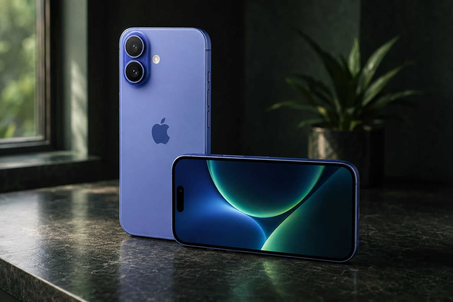 Ultramarine iPhone 16 in an everyday product scene