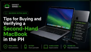 Gadget Sensei PH banner for Tips for Buying and Verifying a Second-Hand MacBook in the PH, featuring a used MacBook and verification checklist on a dark neon-green tech background.