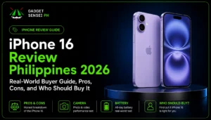 Gadget Sensei PH banner for iPhone 16 Review Philippines 2026, featuring the iPhone 16 on a dark neon-green tech background with a buyer guide theme covering pros, cons, and who should buy it.