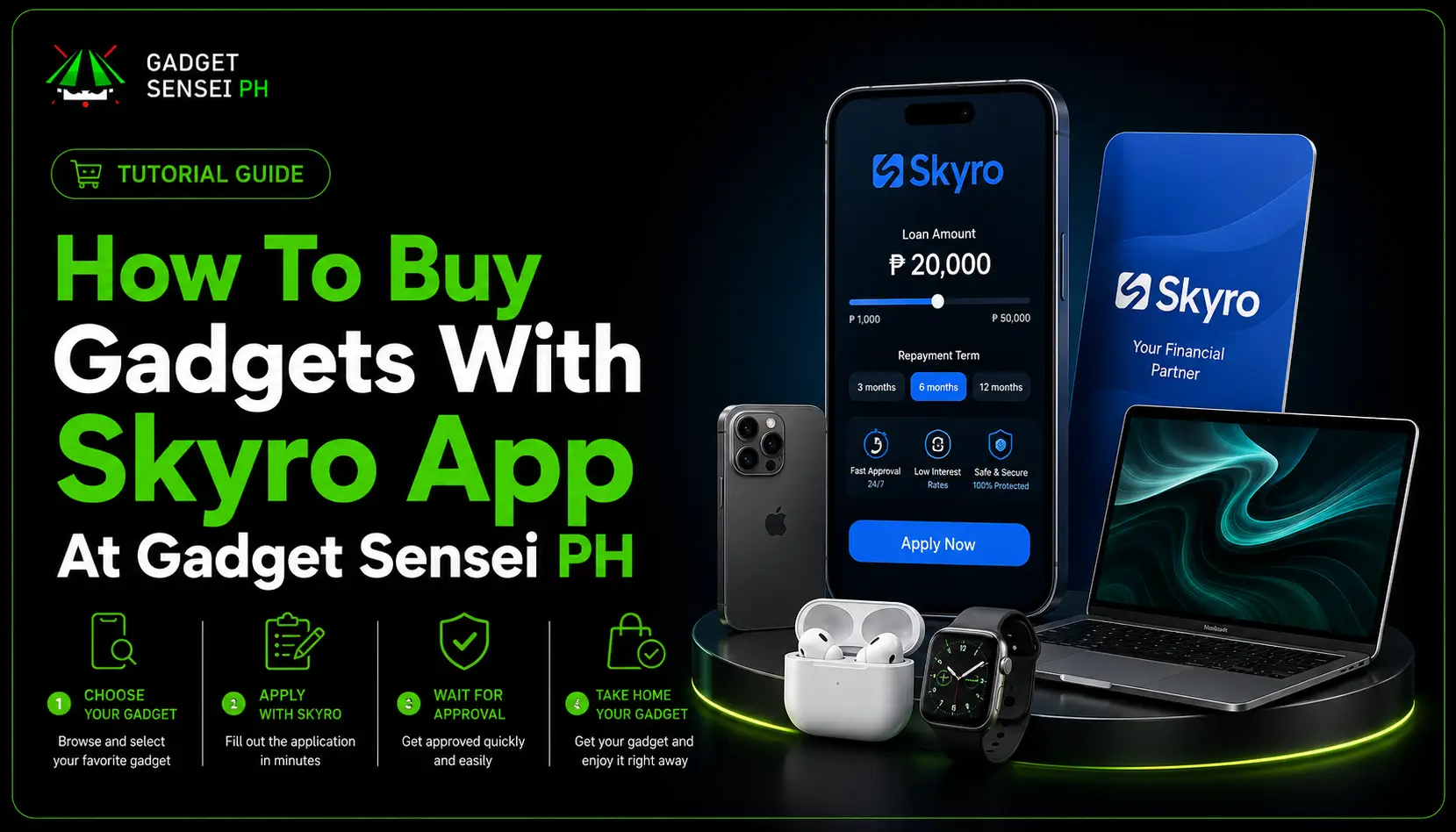 Guide banner showing how to buy gadgets with the Skyro app at Gadget Sensei PH, featuring a Skyro app phone screen, gadgets, and step-by-step buying process.