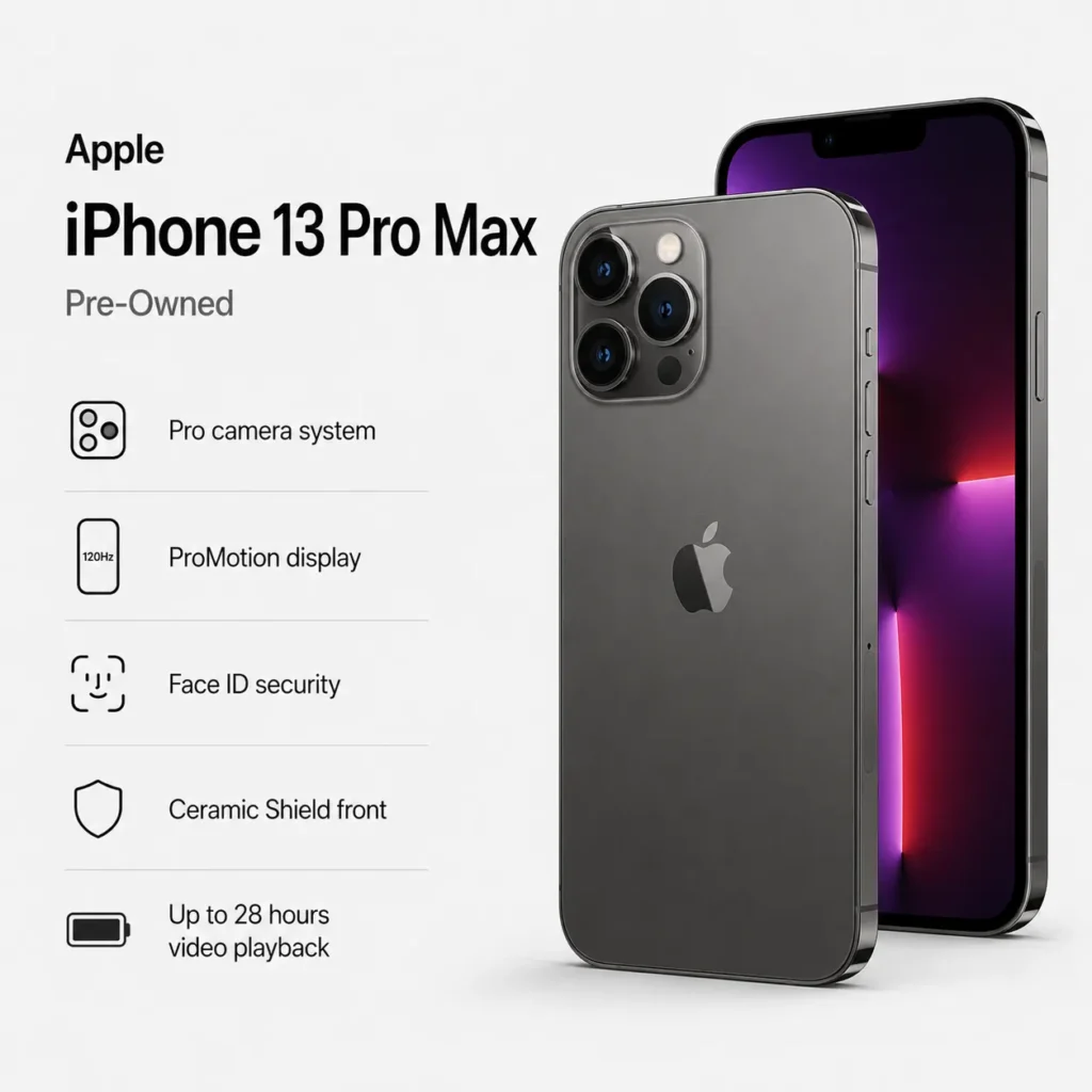 Pre-owned iPhone 13 Pro Max in Graphite with Pro camera system, ProMotion display, Face ID, Ceramic Shield, and long battery life.