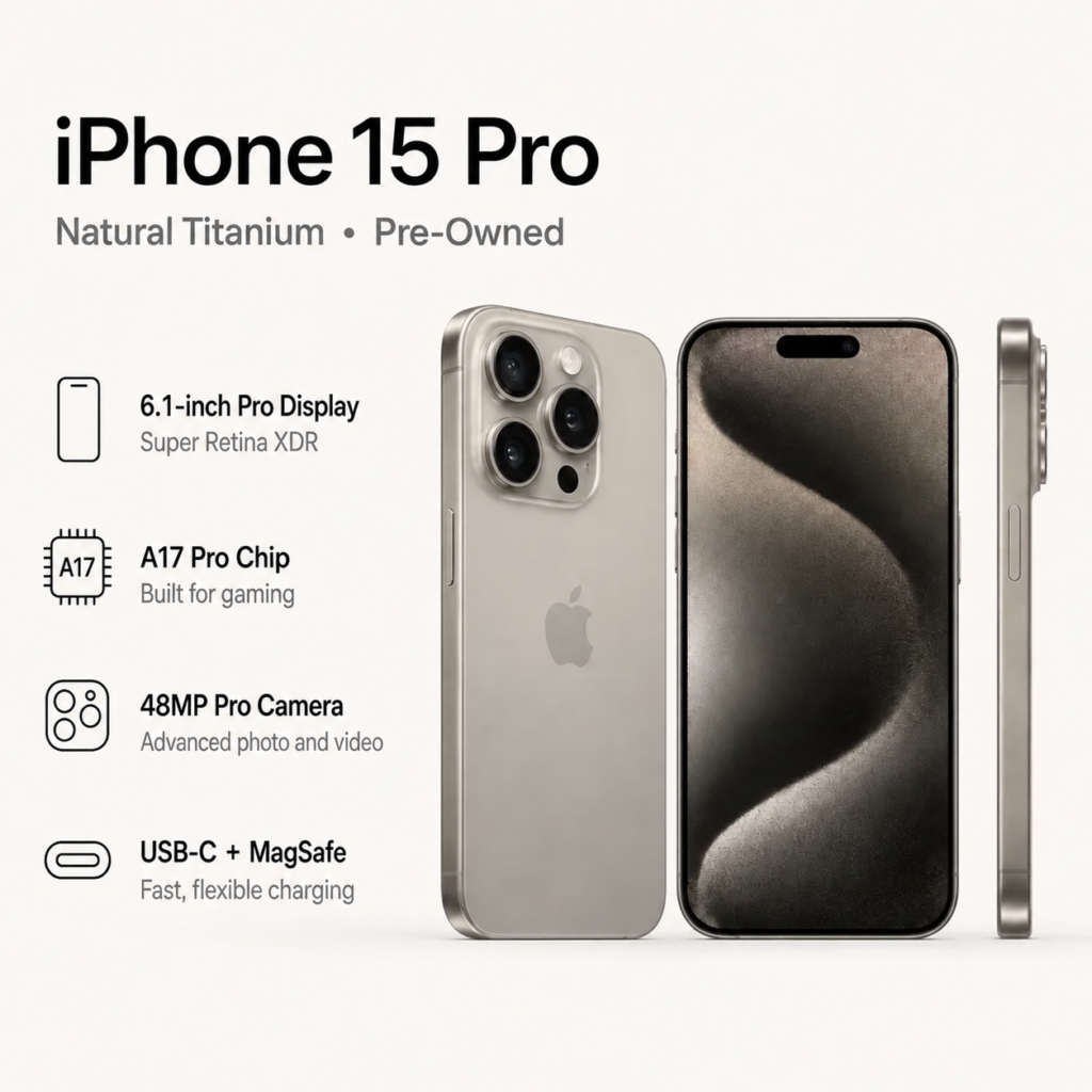 Pre-owned iPhone 15 Pro in Natural Titanium, front and rear views with key specifications