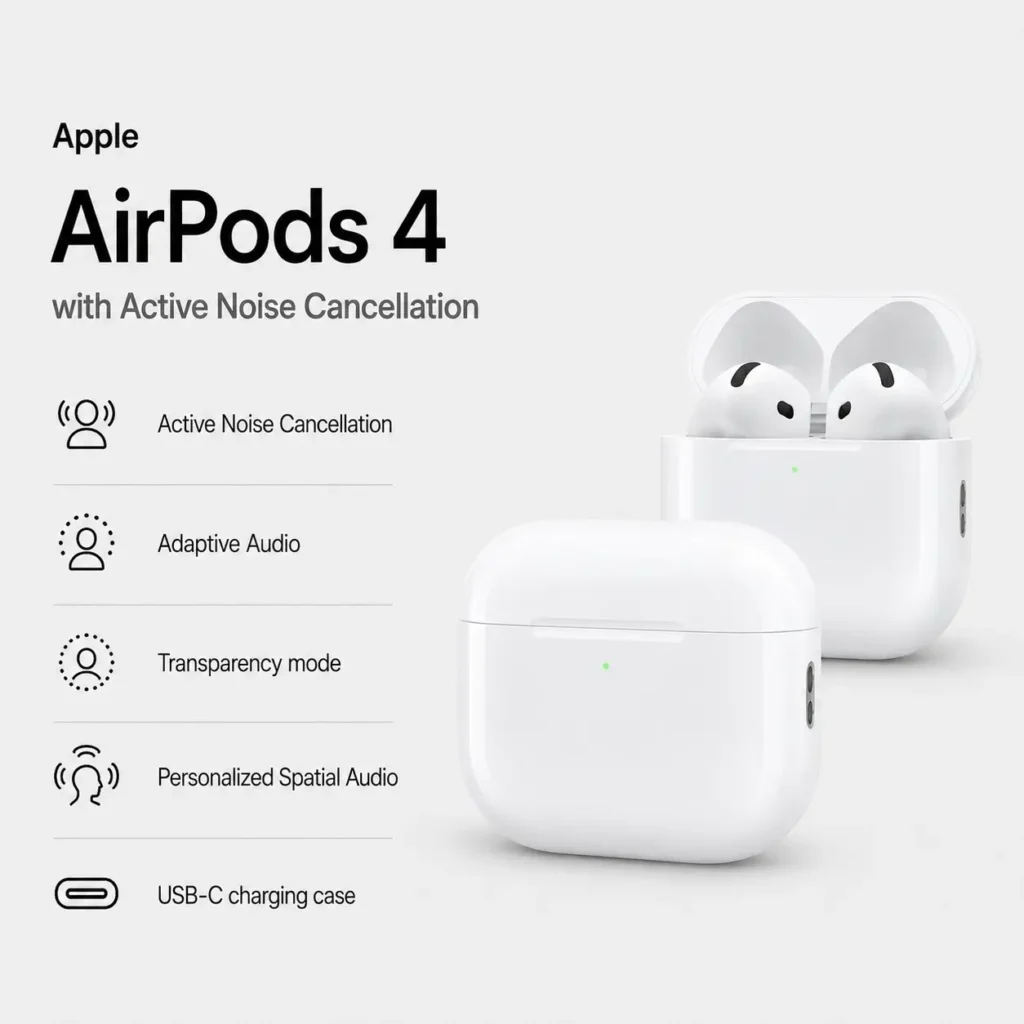 Apple AirPods 4 with Active Noise Cancellation product image showing wireless earbuds and USB-C charging case with features including ANC, Adaptive Audio, Transparency mode, and Personalized Spatial Audio.