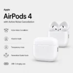 Apple AirPods 4 with Active Noise Cancellation product image showing wireless earbuds and USB-C charging case with features including ANC, Adaptive Audio, Transparency mode, and Personalized Spatial Audio.