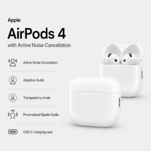 Apple AirPods 4 with Active Noise Cancellation product image showing wireless earbuds and USB-C charging case with features including ANC, Adaptive Audio, Transparency mode, and Personalized Spatial Audio.