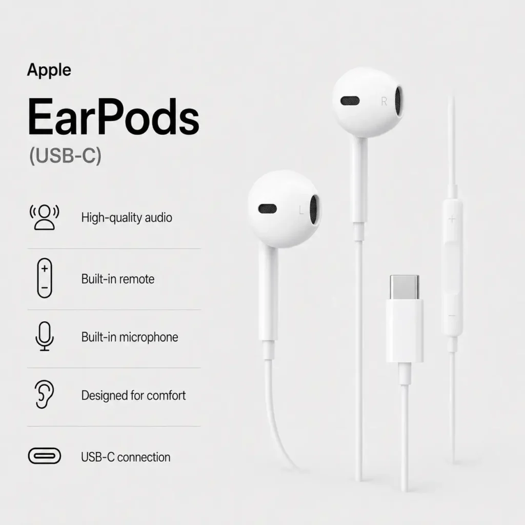 Apple EarPods USB-C product image showing wired white EarPods, built-in remote, microphone, USB-C connector, and key audio features.