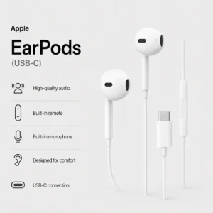 Apple EarPods USB-C product image showing wired white EarPods, built-in remote, microphone, USB-C connector, and key audio features.