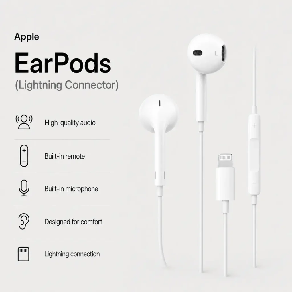Apple EarPods with Lightning Connector product image showing wired white EarPods, built-in remote, microphone, comfortable earbud design, and Lightning connection.