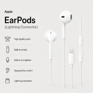 Apple EarPods with Lightning Connector product image showing wired white EarPods, built-in remote, microphone, comfortable earbud design, and Lightning connection.