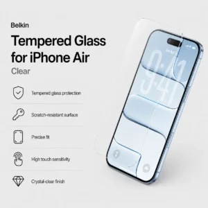Belkin Tempered Glass for iPhone Air in Clear showing a transparent screen protector with scratch resistance, precise fit, high touch sensitivity, and crystal-clear finish.