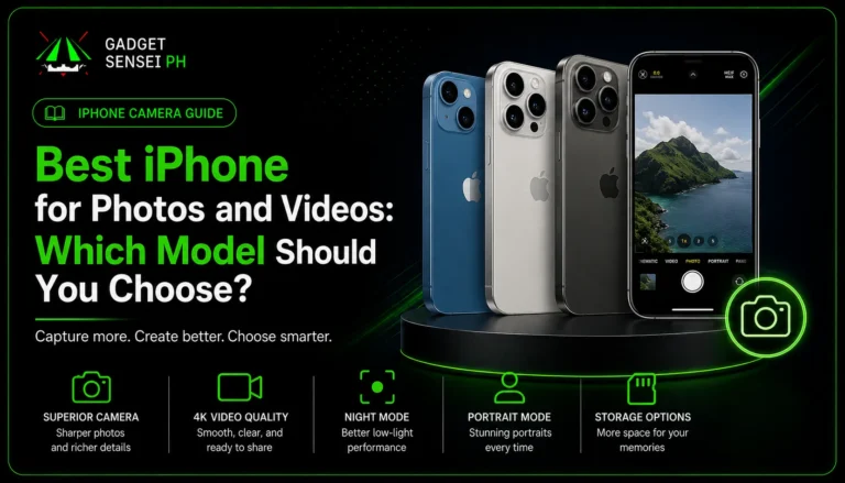 Best iPhone for photos and videos in the Philippines guide showing iPhone camera models, 4K video, Night Mode, Portrait Mode, and storage options at Gadget Sensei PH.