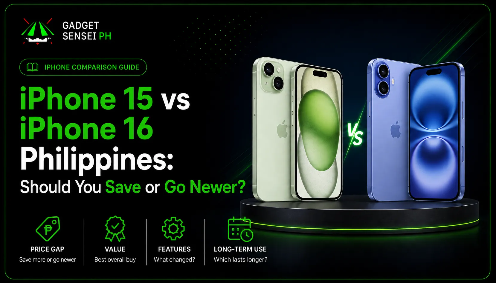iPhone 15 vs iPhone 16 Philippines comparison banner showing both models side by side with price gap, value, features, and long-term use highlights to help buyers decide whether to save or go newer.