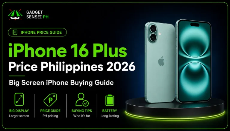 iPhone 16 Plus Price Philippines 2026 buying guide showing the big-screen iPhone 16 Plus, price guide, buying tips, battery, and display highlights at Gadget Sensei PH.