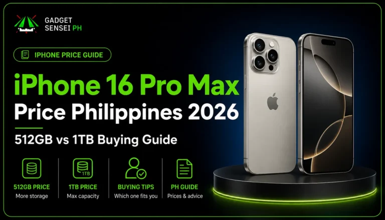 iPhone 16 Pro Max Price Philippines 2026 buying guide showing 512GB vs 1TB storage options, price guide, buying tips, and iPhone 16 Pro Max device visuals at Gadget Sensei PH.