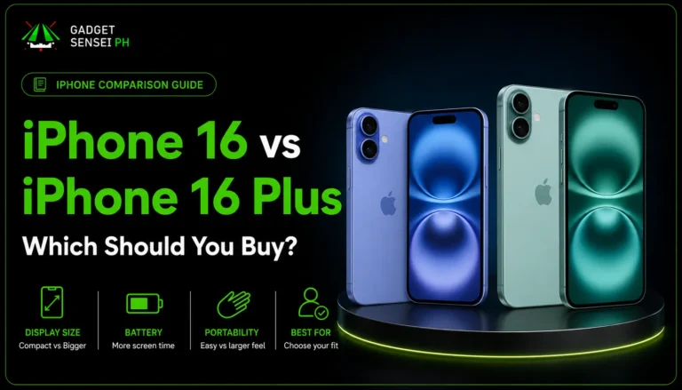 iPhone 16 vs iPhone 16 Plus Philippines comparison banner showing both models side by side with highlights for display size, battery, portability, and which one to buy.