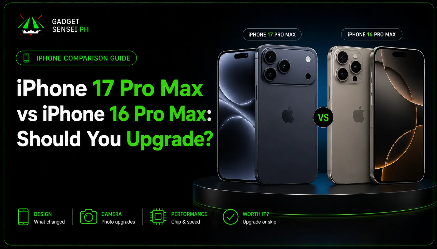 iPhone 17 Pro Max vs iPhone 16 Pro Max comparison guide showing both models side by side with upgrade highlights for design, camera, performance, and value.