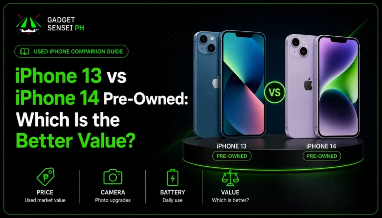 iPhone 13 vs iPhone 14 pre-owned Philippines comparison banner showing both used iPhone models side by side with value, price, camera, and battery comparison highlights at Gadget Sensei PH.