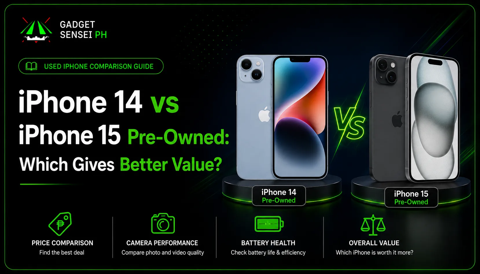 iPhone 14 vs iPhone 15 pre-owned Philippines comparison banner showing both used iPhone models side by side with price comparison, camera performance, battery health, and overall value highlights at Gadget Sensei PH.
