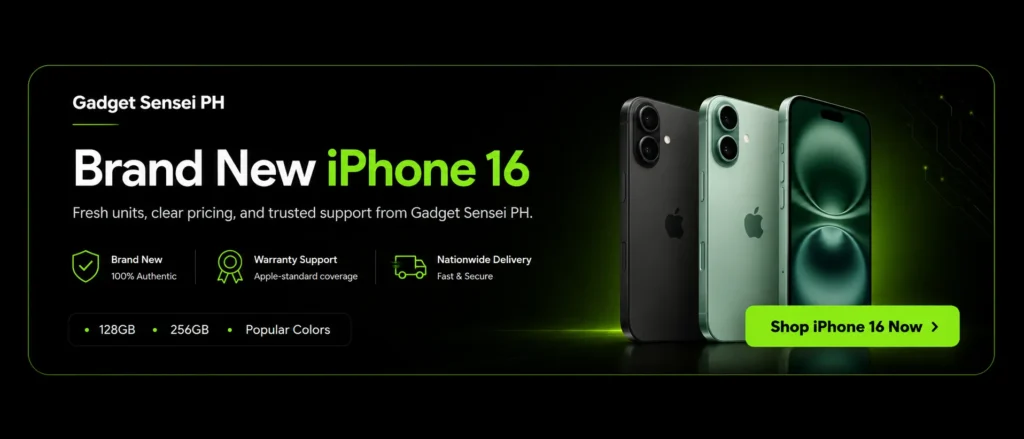 Gadget Sensei PH horizontal banner promoting brand new iPhone 16 with Apple-style phone visuals, warranty support, nationwide delivery, and a green “Shop iPhone 16 Now” button.