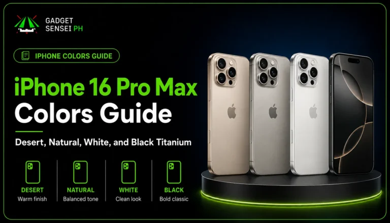 iPhone 16 Pro Max Colors Guide banner showing Desert Titanium, Natural Titanium, White Titanium, and Black Titanium color options for buyers at Gadget Sensei PH.