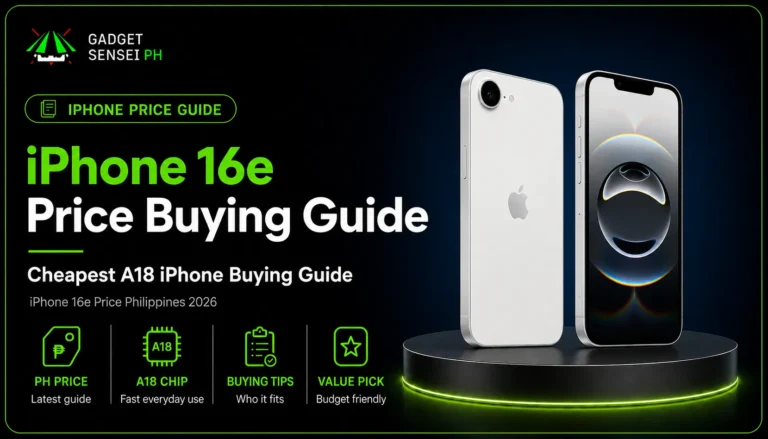iPhone 16e Price Philippines 2026 buying guide showing the cheapest A18 iPhone, PH price guide, buying tips, and value highlights at Gadget Sensei PH.