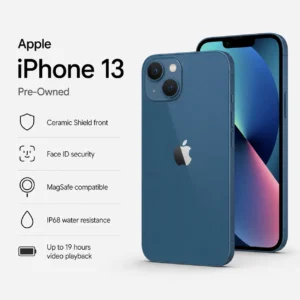 Pre-owned Apple iPhone 13 in blue with feature highlights for Ceramic Shield, Face ID, MagSafe, IP68 resistance, and battery life.
