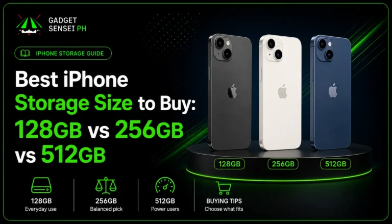 Best iPhone storage size guide showing 128GB, 256GB, and 512GB options compared for iPhone buyers in the Philippines, with buying tips at Gadget Sensei PH.