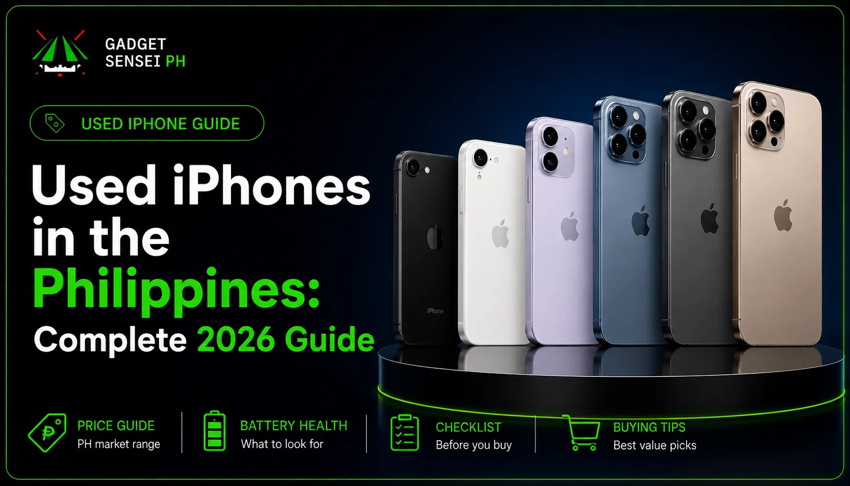 Used iPhones in the Philippines 2026 complete guide showing multiple pre-owned iPhone models with price guide, battery health, checklist, and buying tips at Gadget Sensei PH.