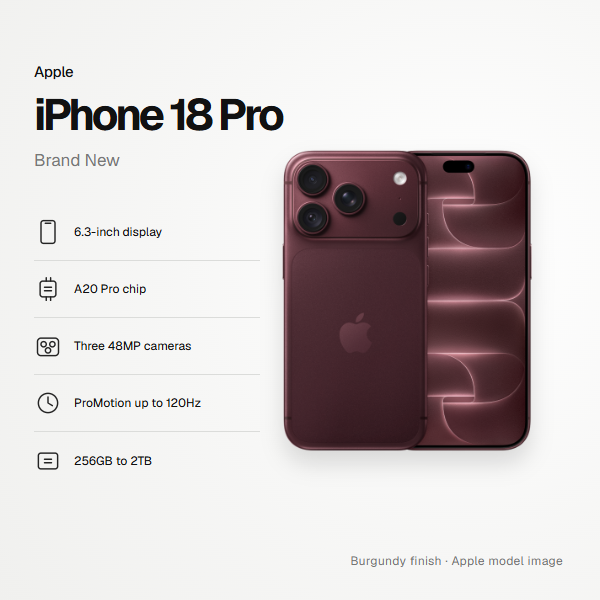 iPhone 18 Pro in Burgundy, front and rear product image with key specifications