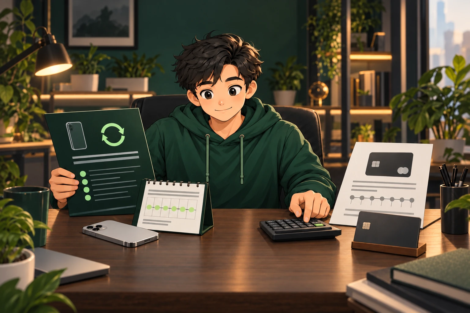 Customer in a green hoodie comparing a rental agreement, payment calendar and card purchase with a calculator.