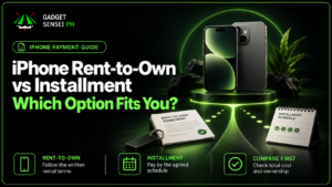 Gadget Sensei PH banner comparing iPhone rent-to-own and installment payment options in the Philippines.