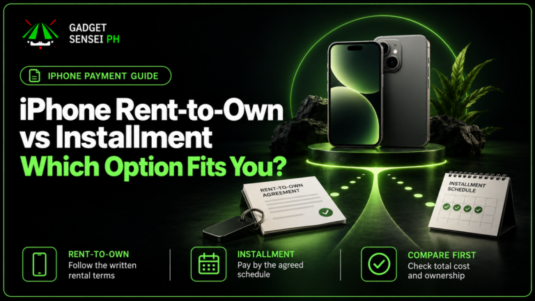 Gadget Sensei PH banner comparing iPhone rent-to-own and installment payment options in the Philippines.