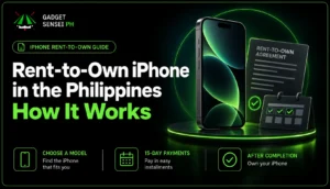 Gadget Sensei PH rent-to-own iPhone guide showing an iPhone, rental agreement, 15-day payments, and ownership after completing the plan.