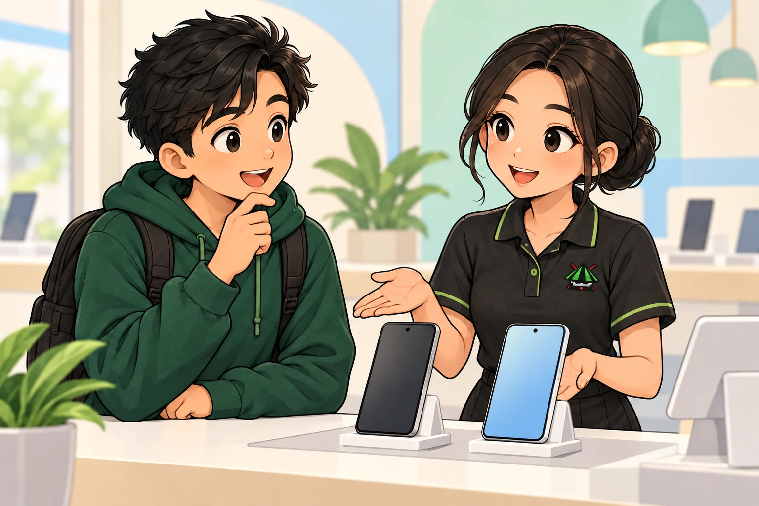 GSPH staff in the approved black and green uniform helping the customer compare two phones.